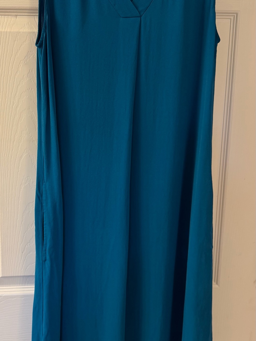 Eileen Fisher Silk Georgette Crepe V-Neck Pleat Shift Dress Teal Blue - Size XS
